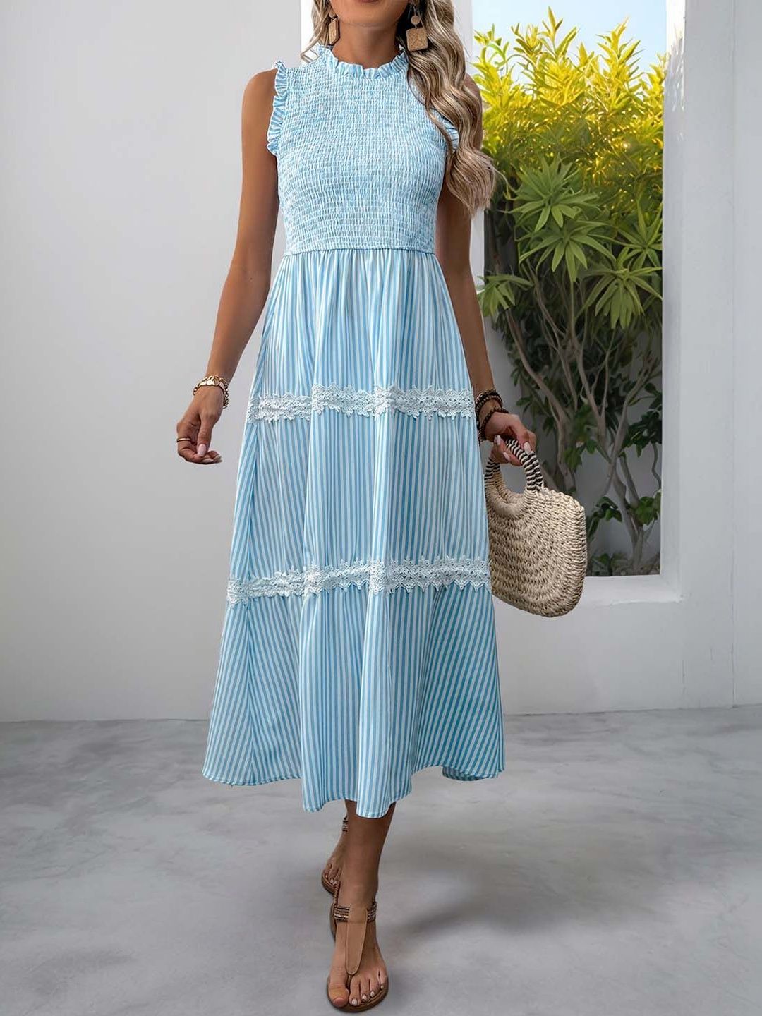 Striped Ruffled Fit & Flare Midi Dress