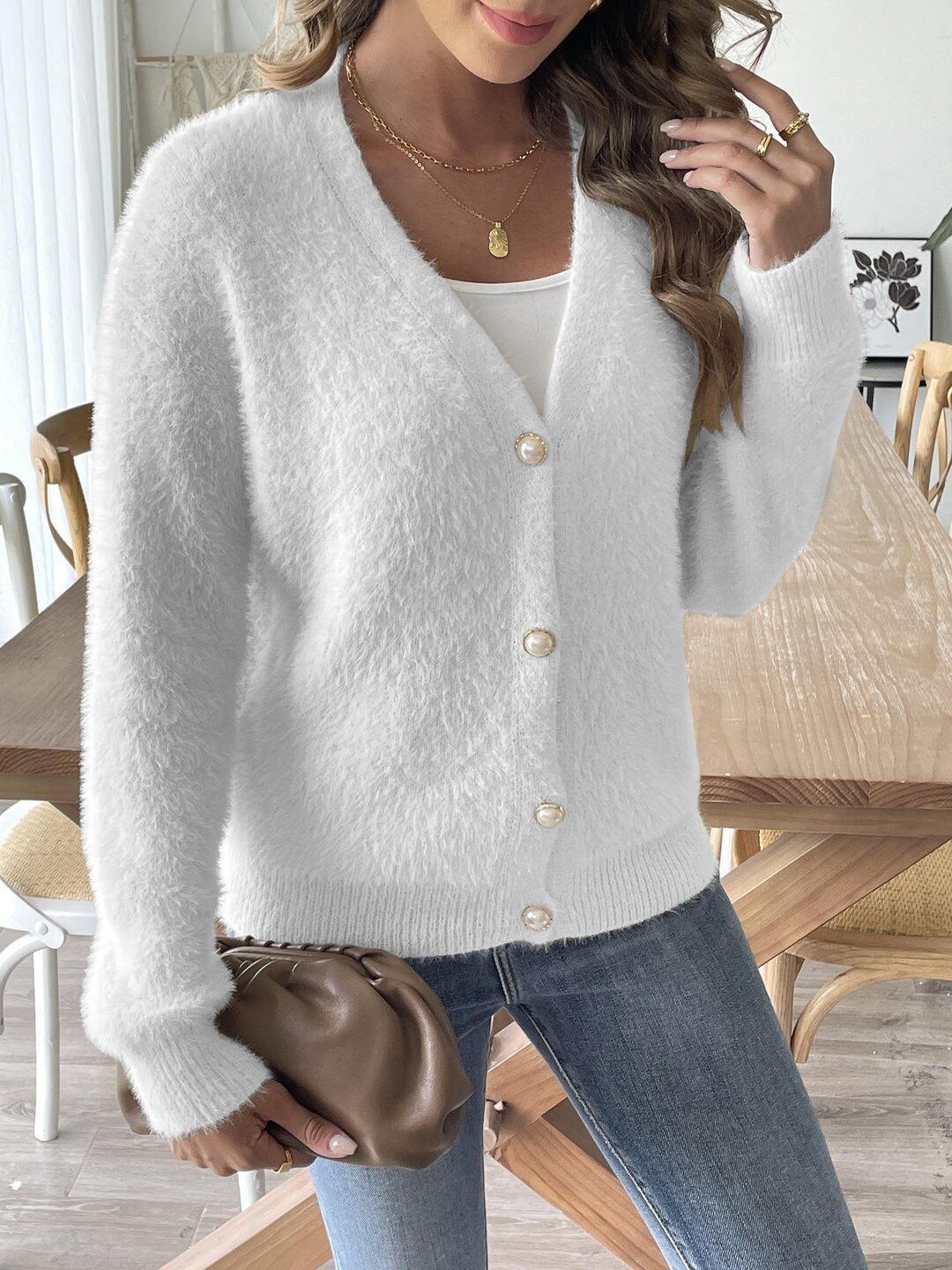 Women Cardigan with Fuzzy Detail
