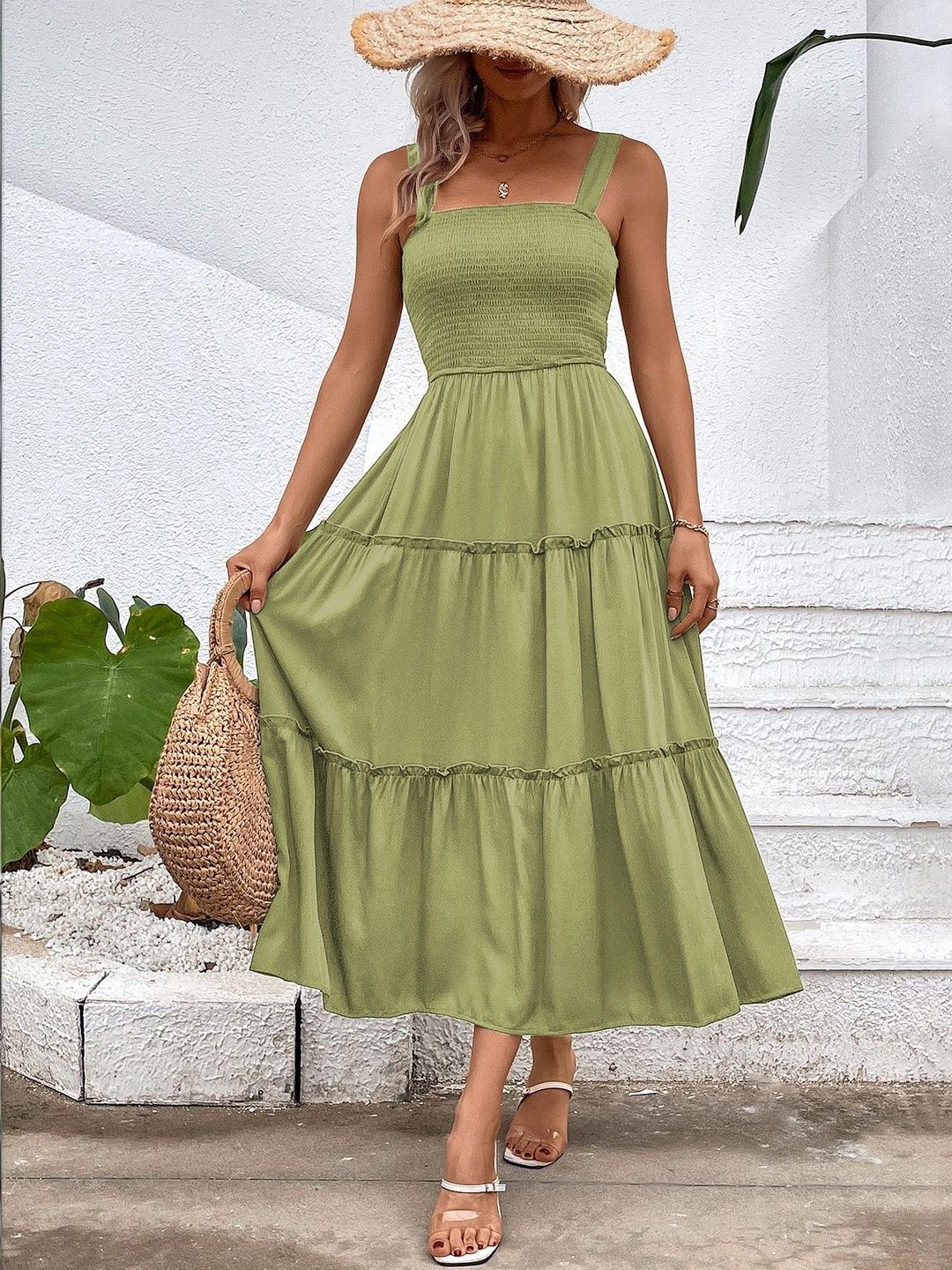 Fit & Flare Midi Dress in Green cotton Sleeveless - Nowi Korean Fashion