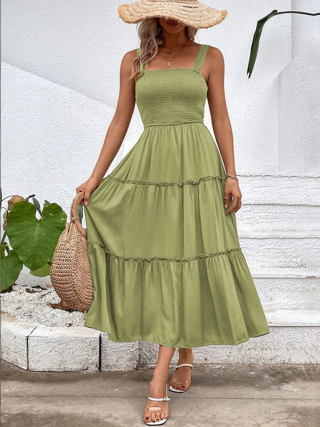Fit & Flare Midi Dress in Green cotton Sleeveless - Nowi Korean Fashion