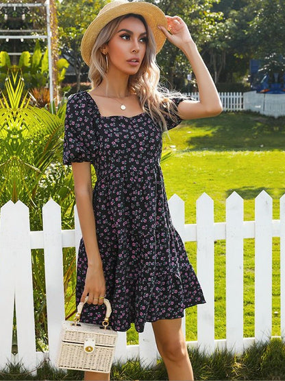 Floral Print Puff Sleeve Fit & Flare Dress