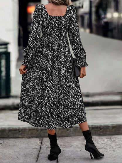 Women's Black Polka Dot Print A-Line Midi Dress