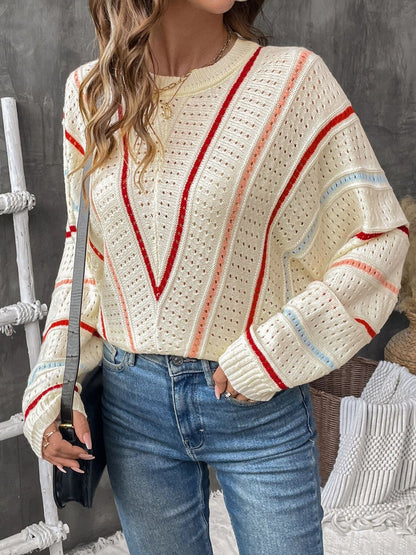 Women's Beige Nowi Women Striped Pullover Blend Regular Fit