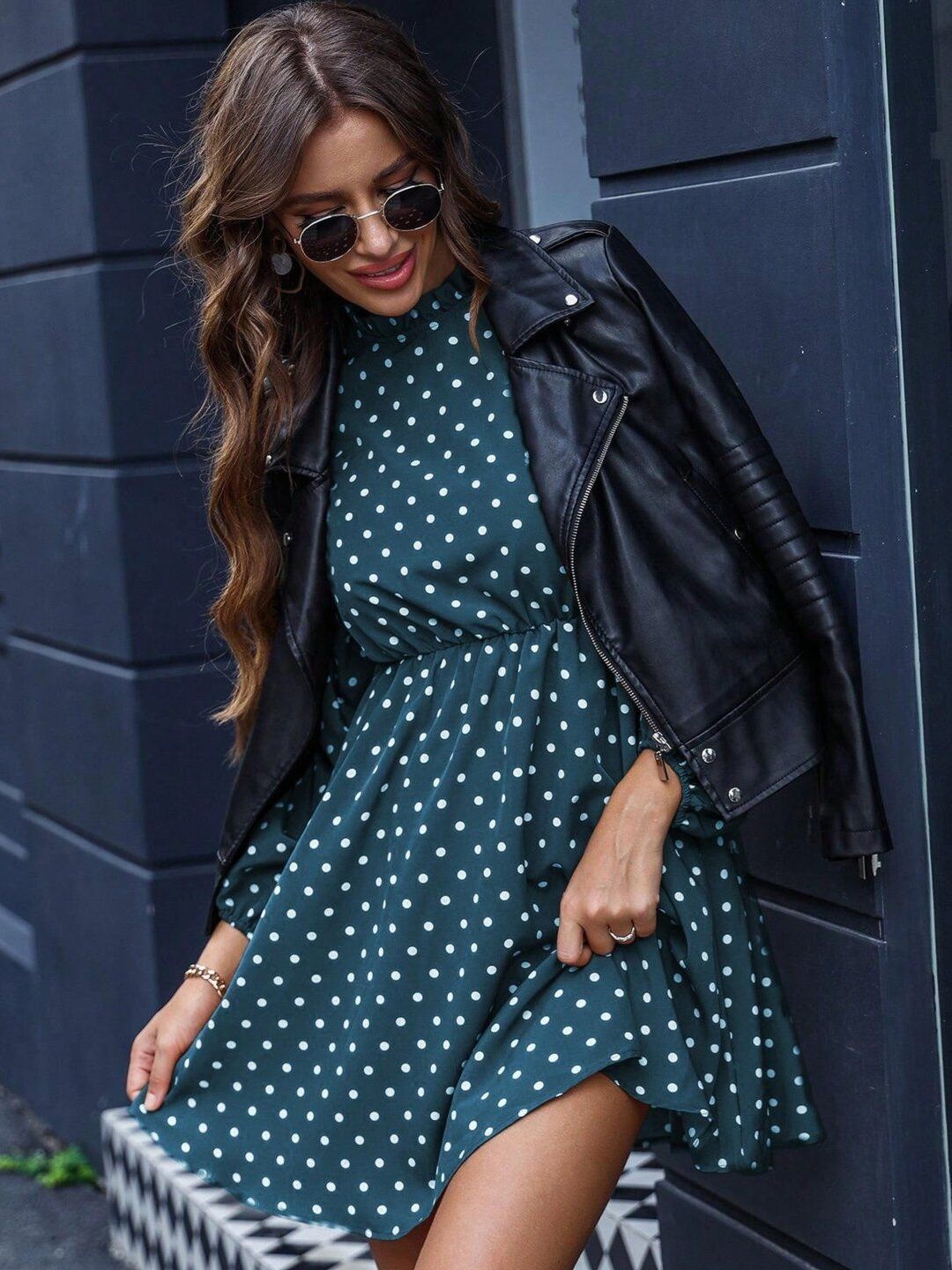 Polka Dot Print Fit & Flare Dress in Green cotton Printed Long Sleeve - Nowi Korean Fashion