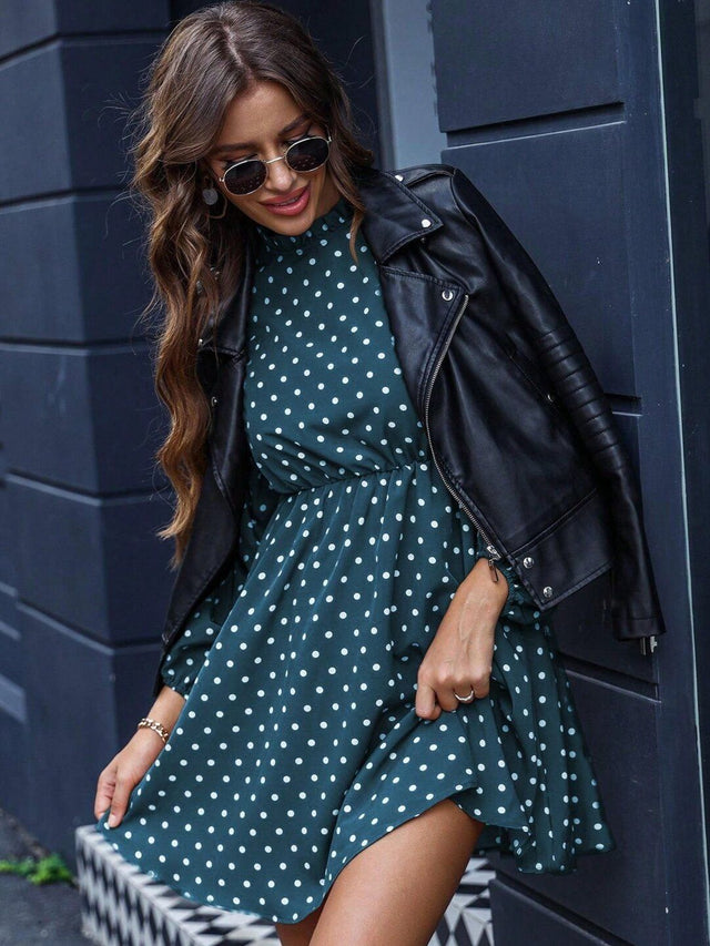 Polka Dot Print Fit & Flare Dress in Green cotton Printed Long Sleeve - Nowi Korean Fashion