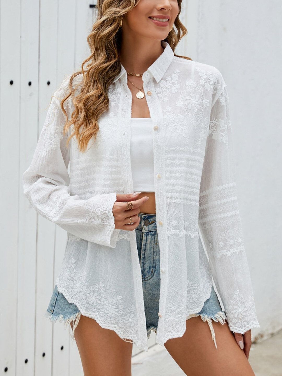 Women Floral Semi Sheer Casual Shirt