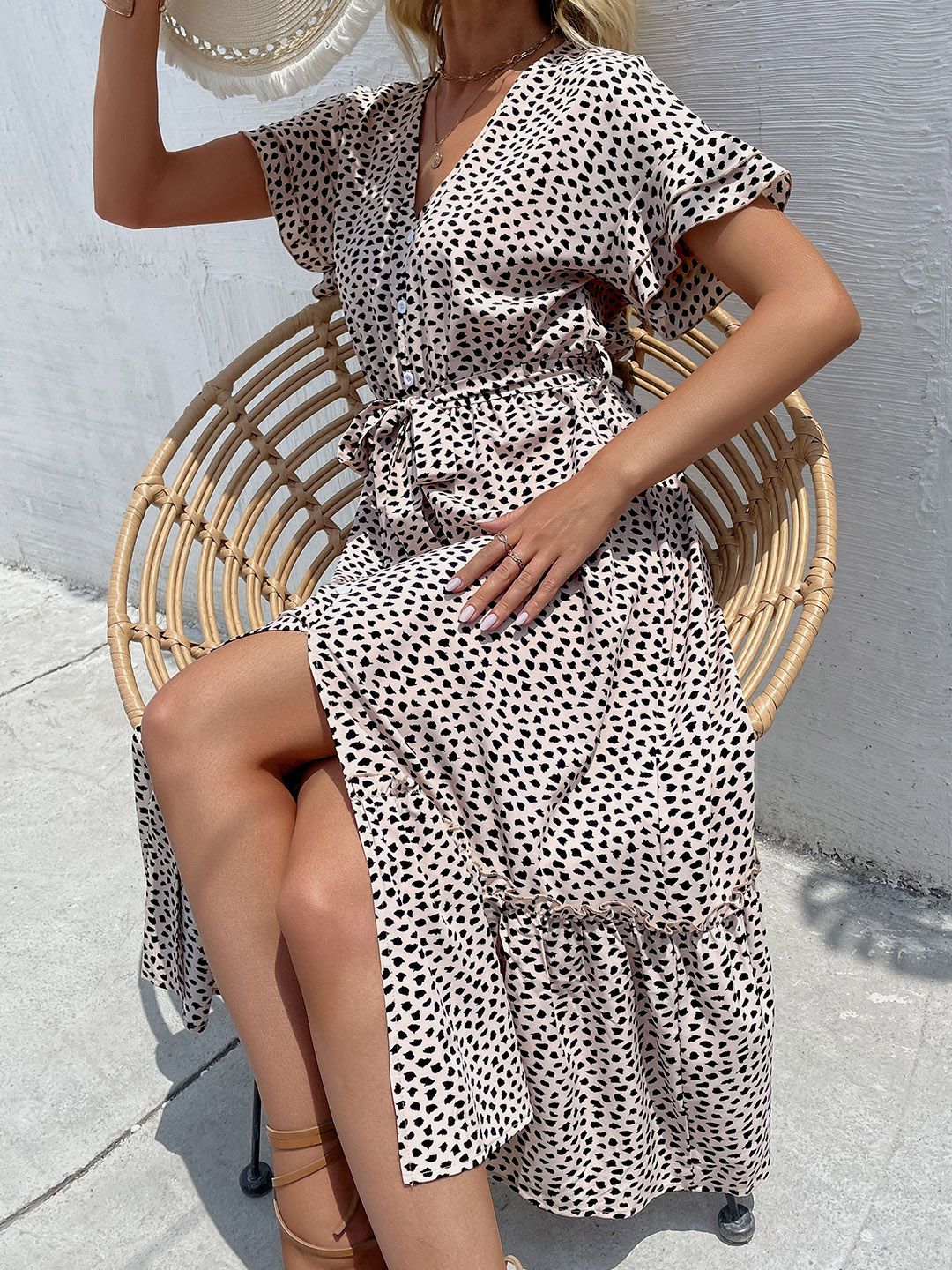 Animal Print Flutter Sleeve Midi Dress