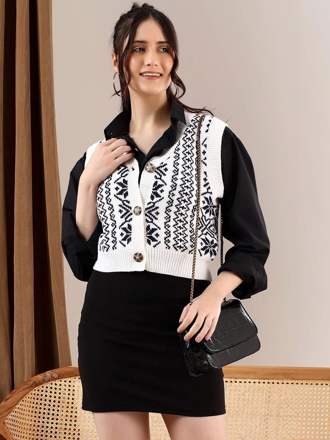 NOWI Women Fair Isle Printed Woollen Sweater Vest