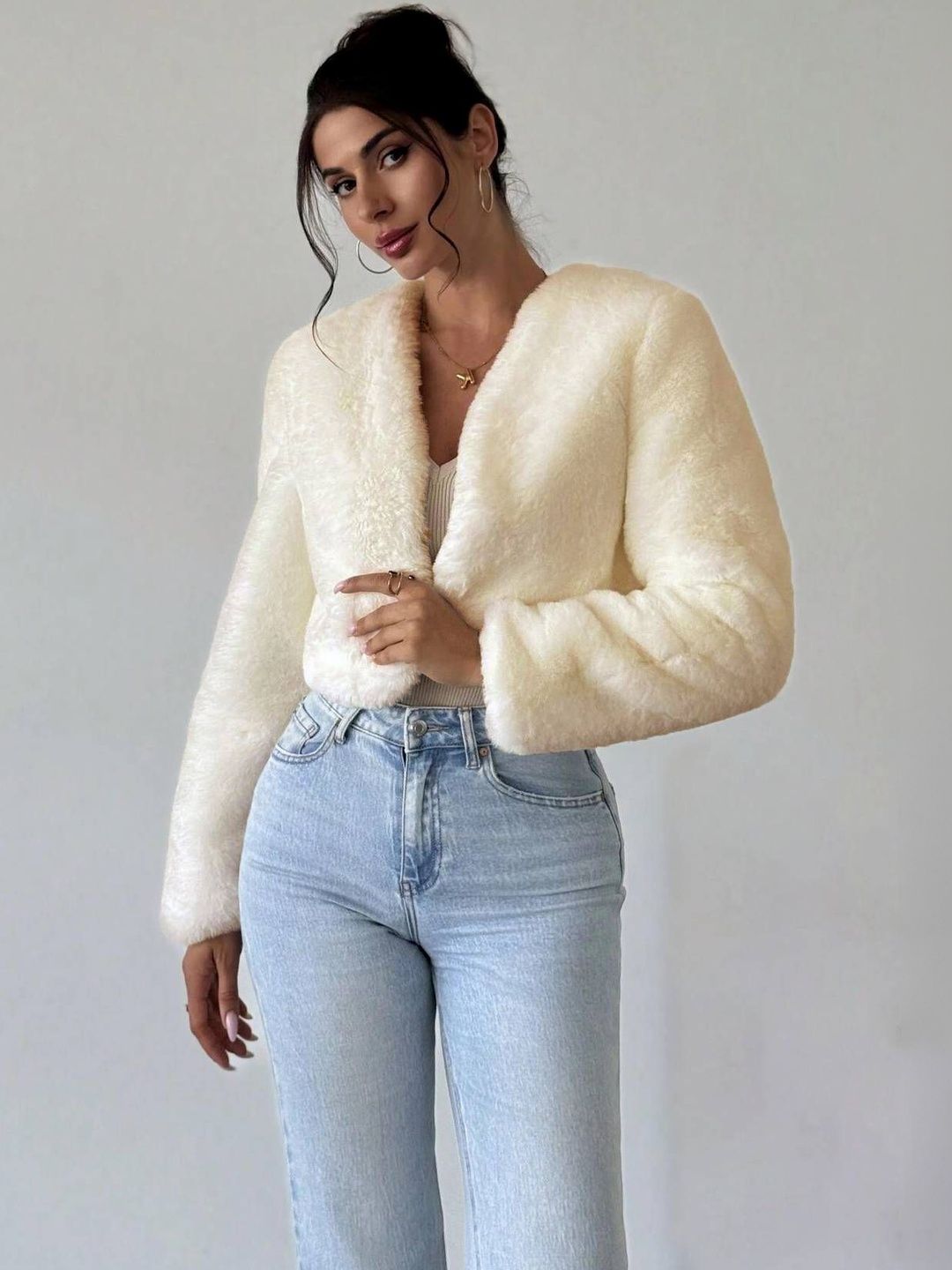 NOWI Women Woollen Lightweight Crop Open Front Jacket