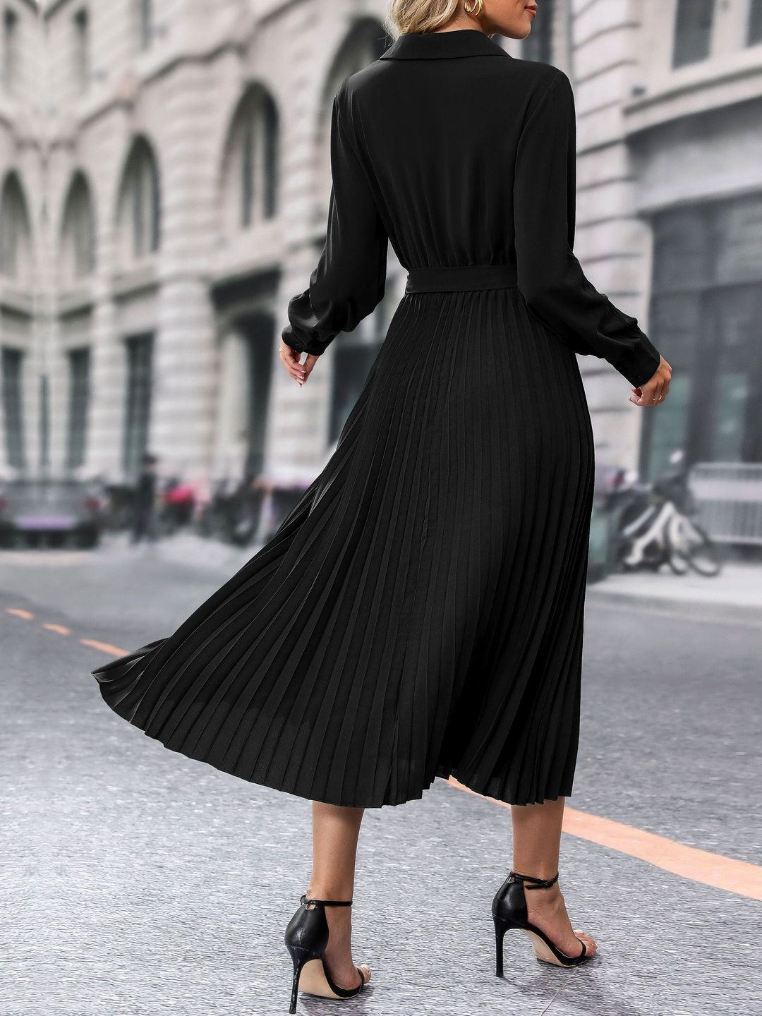 Women's Black A-Line Midi Dress Blend Printed