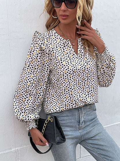 Women's White Chic Printed Top With Puff Sleeves