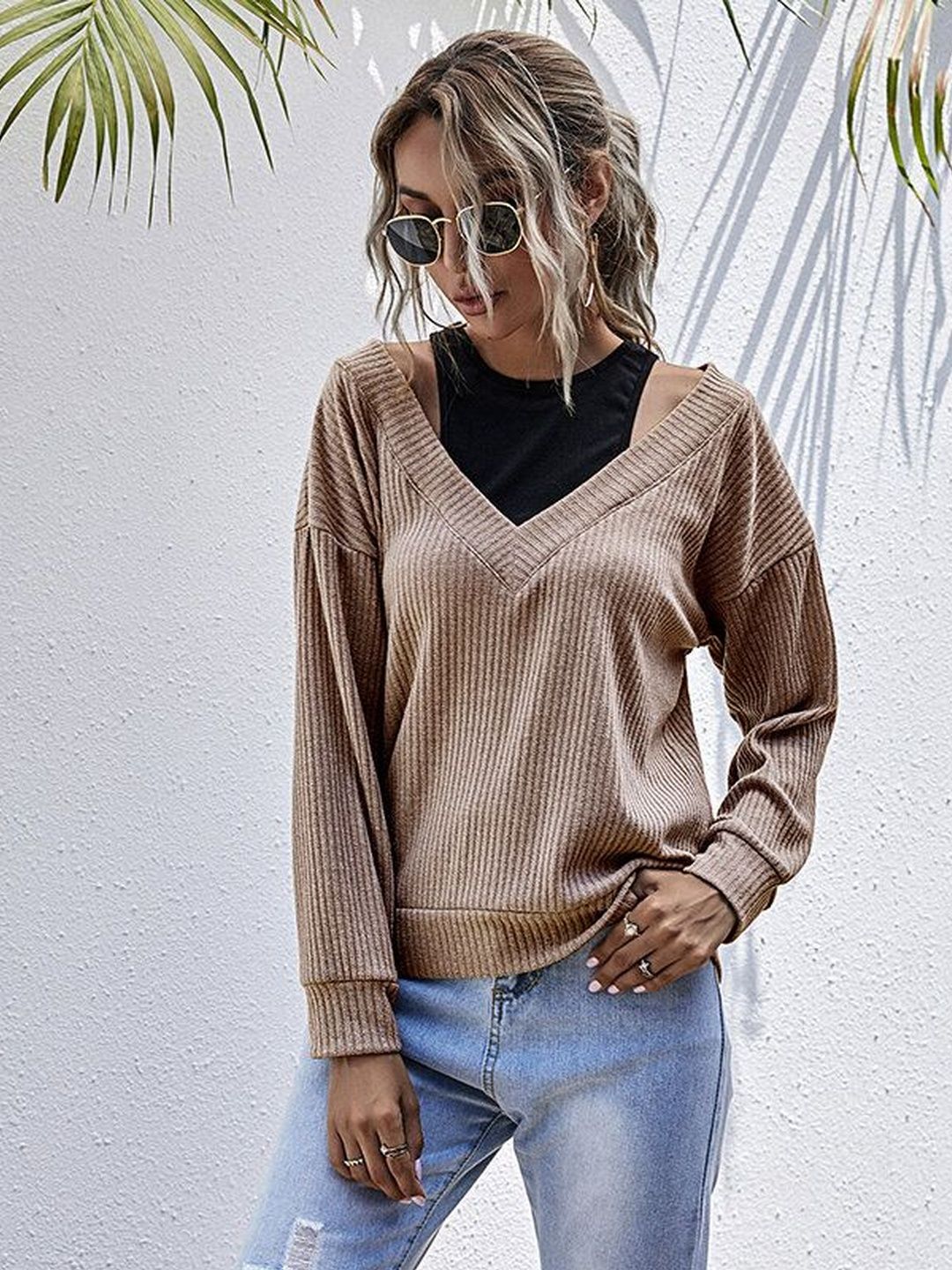 Women's Beige Nowi Women Ribbed Pullover Blend Printed