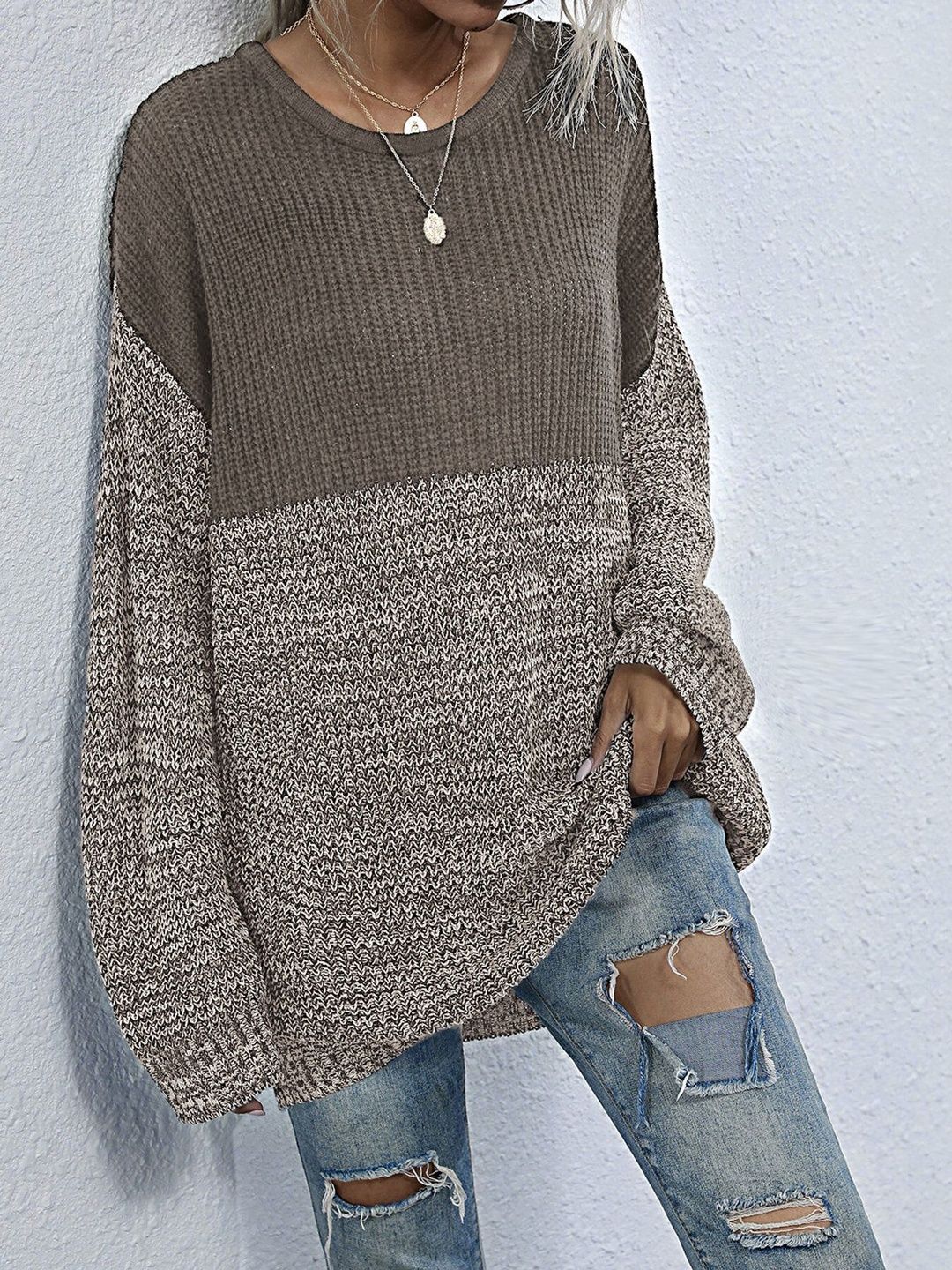 Colourblocked Pullover in Brown Style 81 - Nowi Korean Fashion