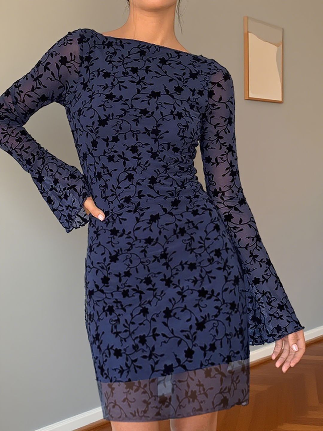 NOWI Floral Print Flared Sleeve Sheath Dress