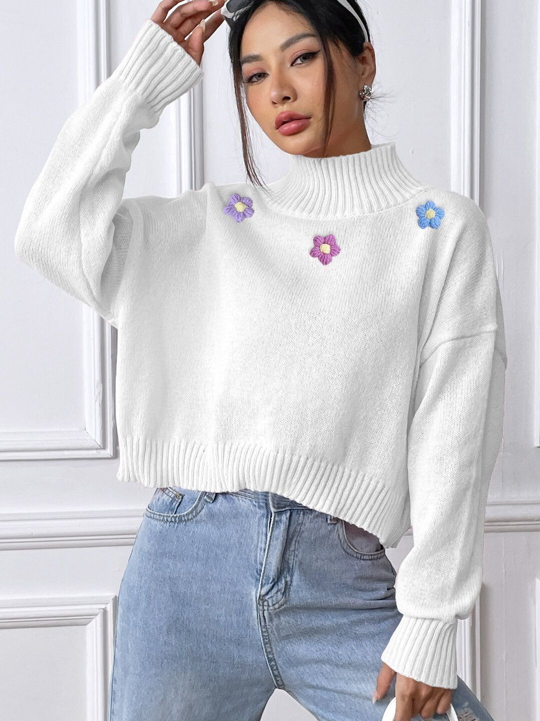 Embroidered Crop Pullover with Embroidered Detail in White acrylic - Nowi Korean Fashion