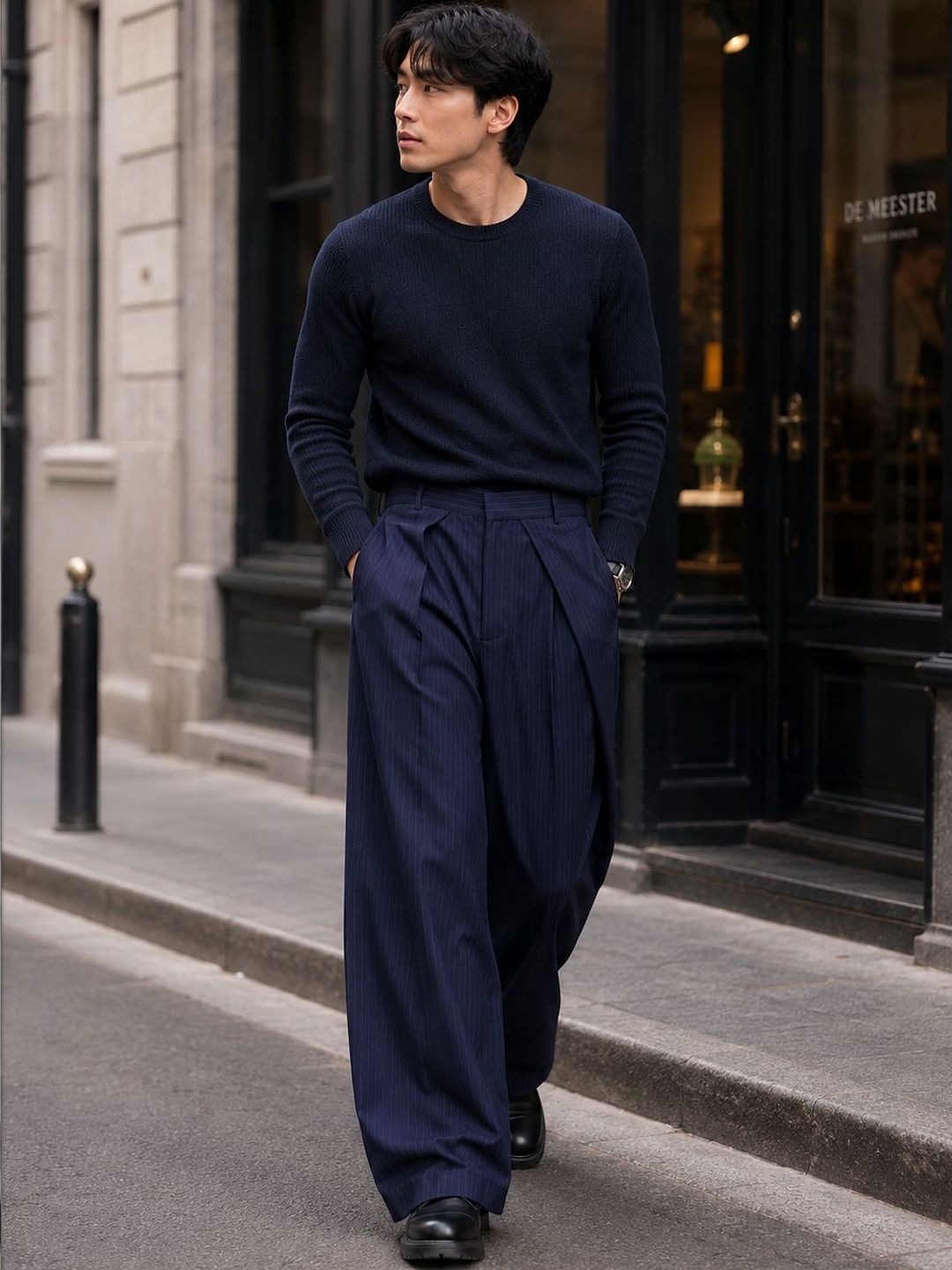 Men Striped Relaxed High-Rise Easy Wash Pleated Trousers
