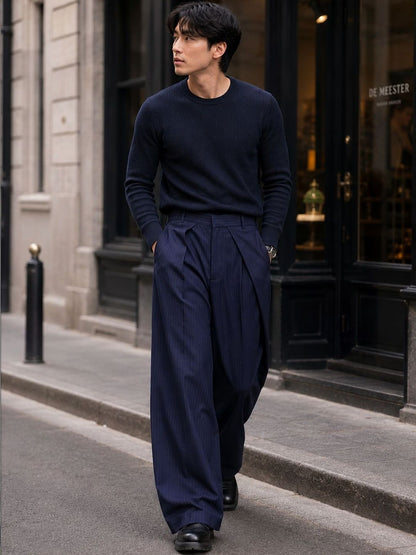 Men Striped Relaxed High-Rise Easy Wash Pleated Trousers