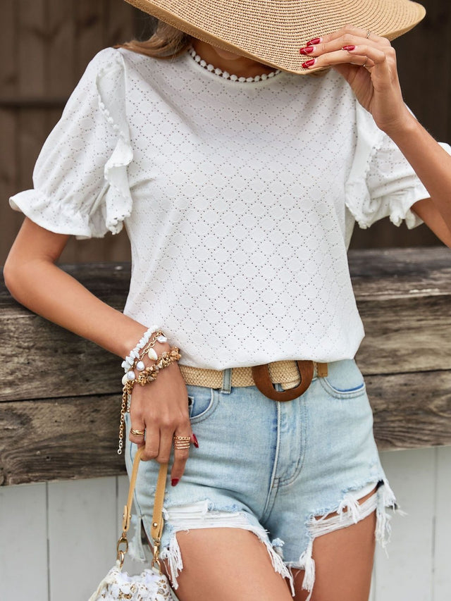 Puff Sleeve Ruffles Cotton Top in White Short Sleeve - Nowi Korean Fashion