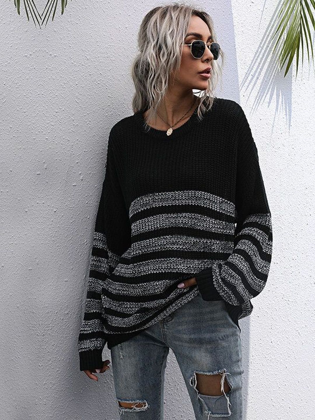 Women's Black Striped Pullover Blend Regular Fit