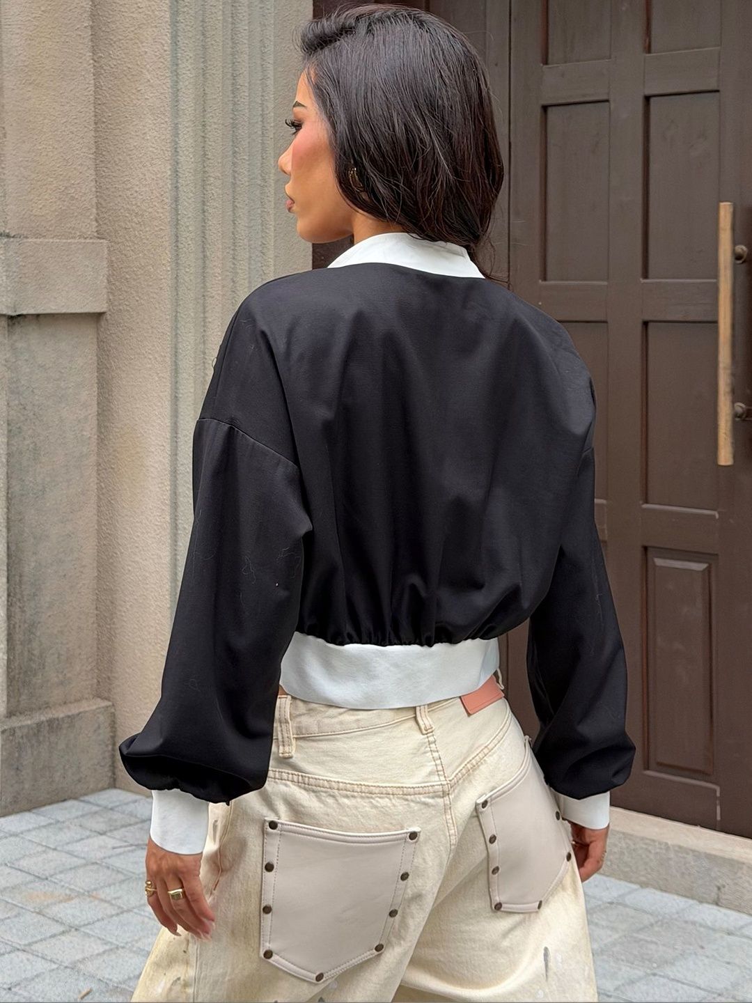 NOWI Women Colourblocked Crop Bomber Jacket