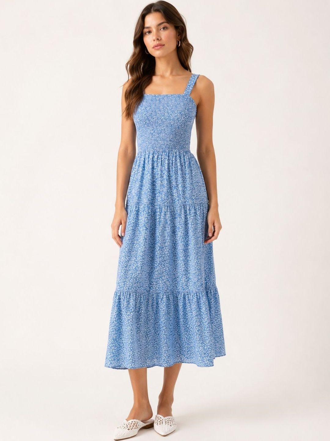 Floral Print Crepe A-Line Midi Dress