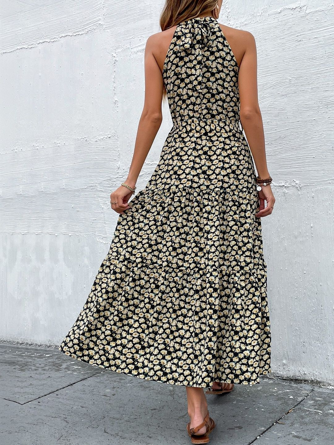 Floral Print Halter Neck A-Line Midi Dress
