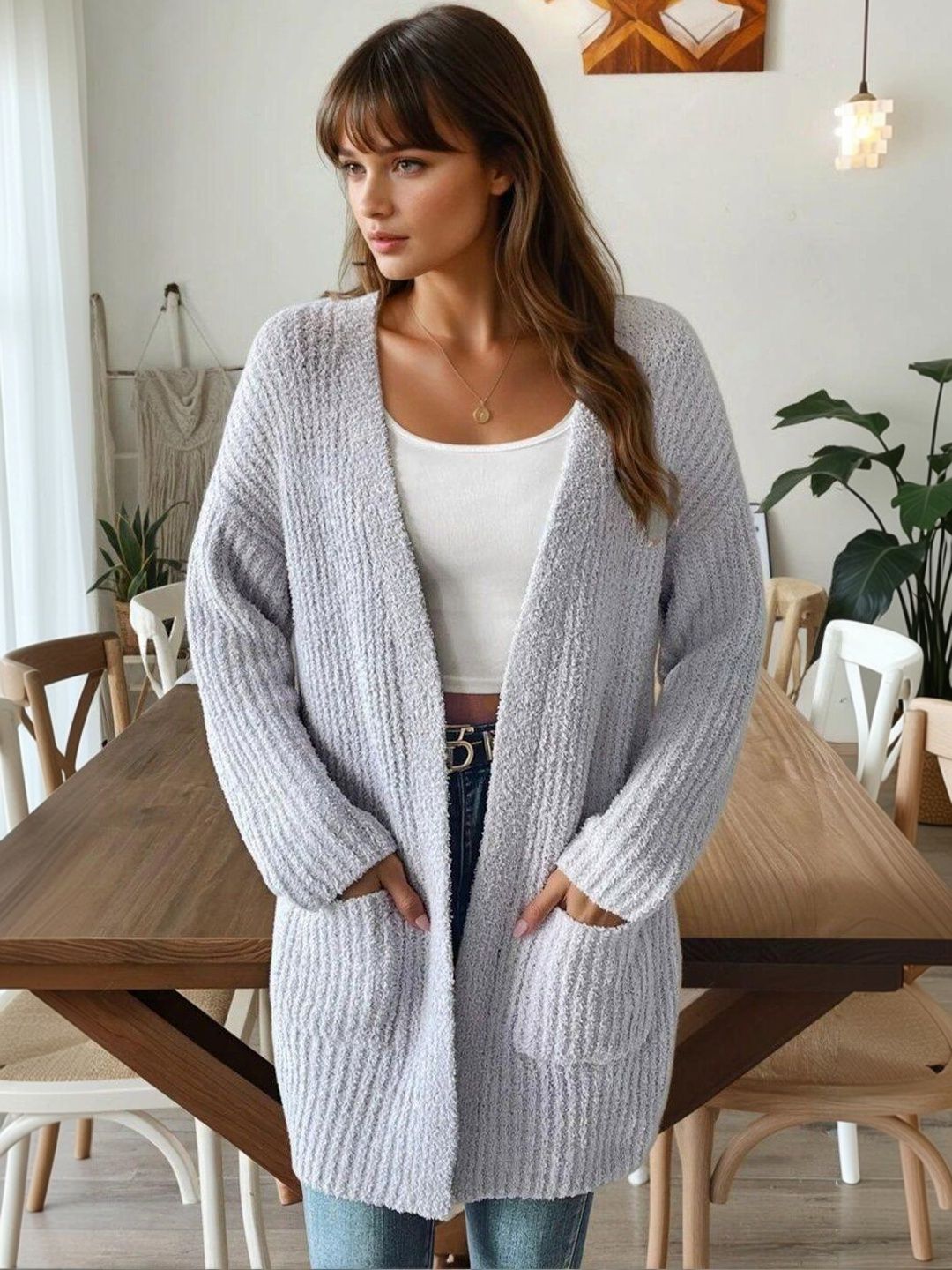 Ribbed Cardigan in Grey acrylic - Nowi Korean Fashion