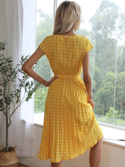 Women's Yellow Polka Dot Print A-Line Midi Dress