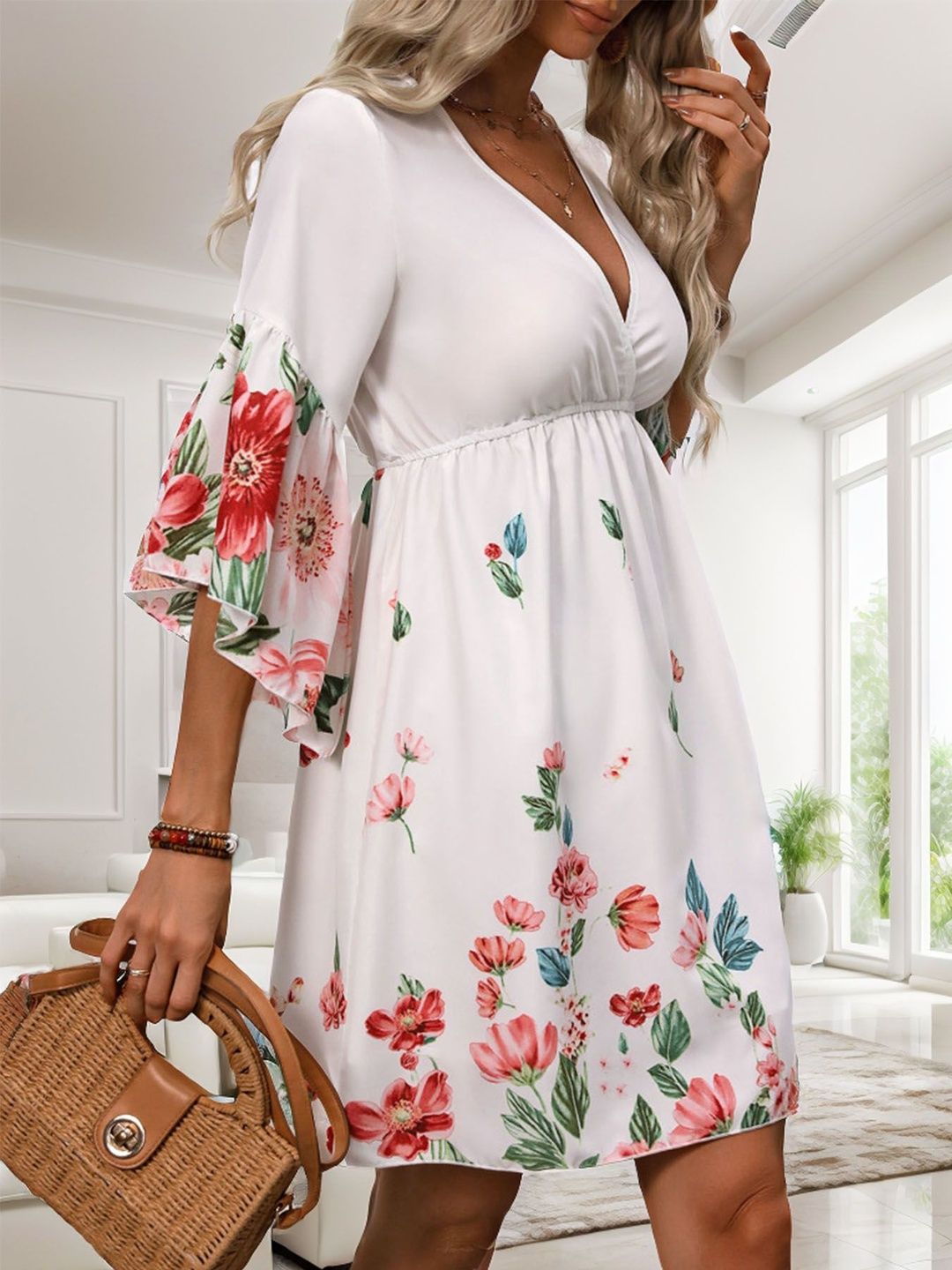 Floral Print Flared Sleeve Fit & Flare Dress