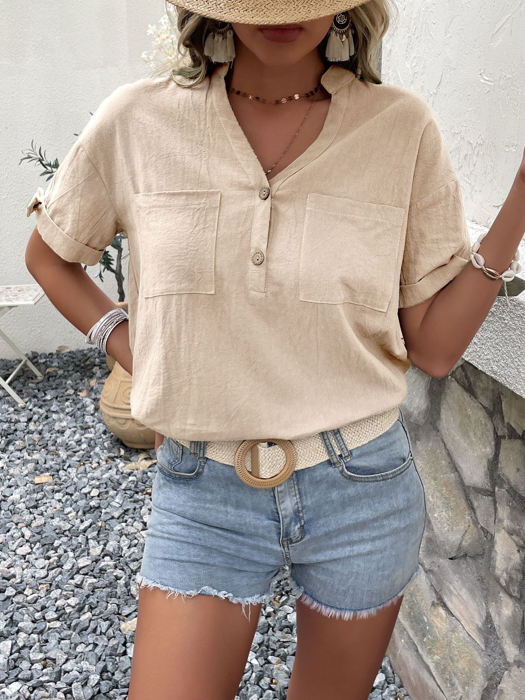 Mandarin Collar Roll-Up Sleeves Cotton Top in Beige - Nowi Korean Fashion