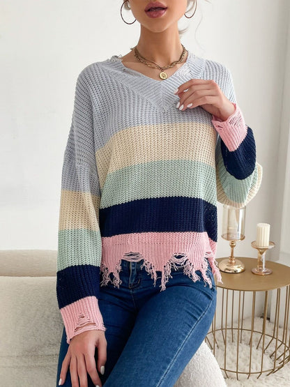Colourblocked Pullover with Fringed Detail in Pink - Nowi Korean Fashion