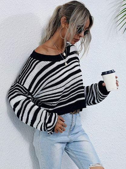 Women's Black Striped Crop Pullover