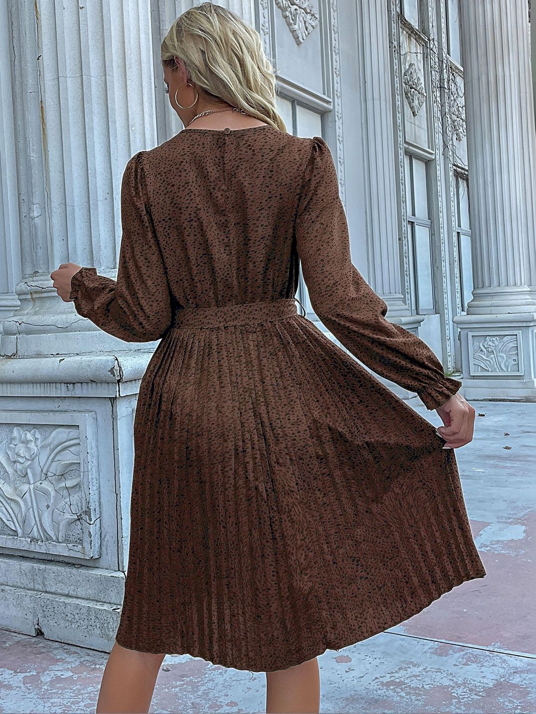 Women's Brown Print Fit & Flare Midi Dress Blend Printed