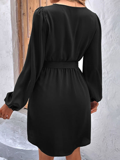 Women's Black Puff Sleeve A-Line Dress Blend Printed