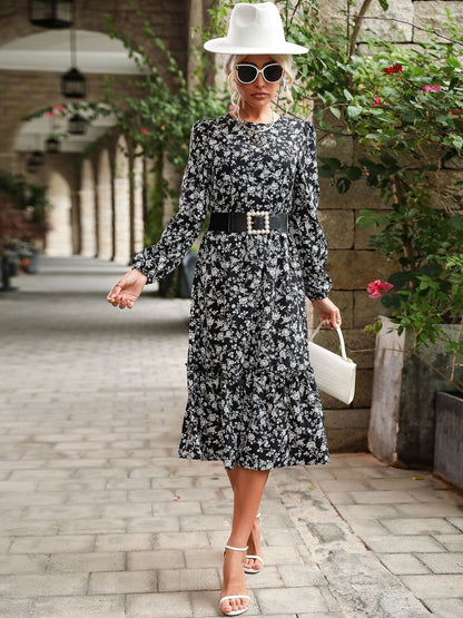 Women's Black Floral Print A-Line Midi Dress Blend