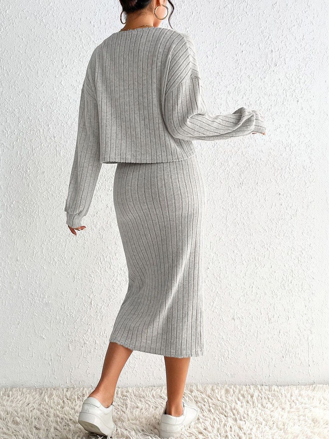 Grey Striped Co-ord Set with Sweater and Skirt