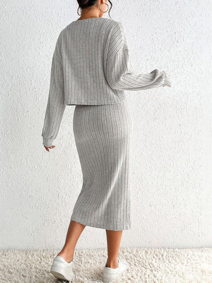 Grey Striped Co-ord Set with Sweater and Skirt