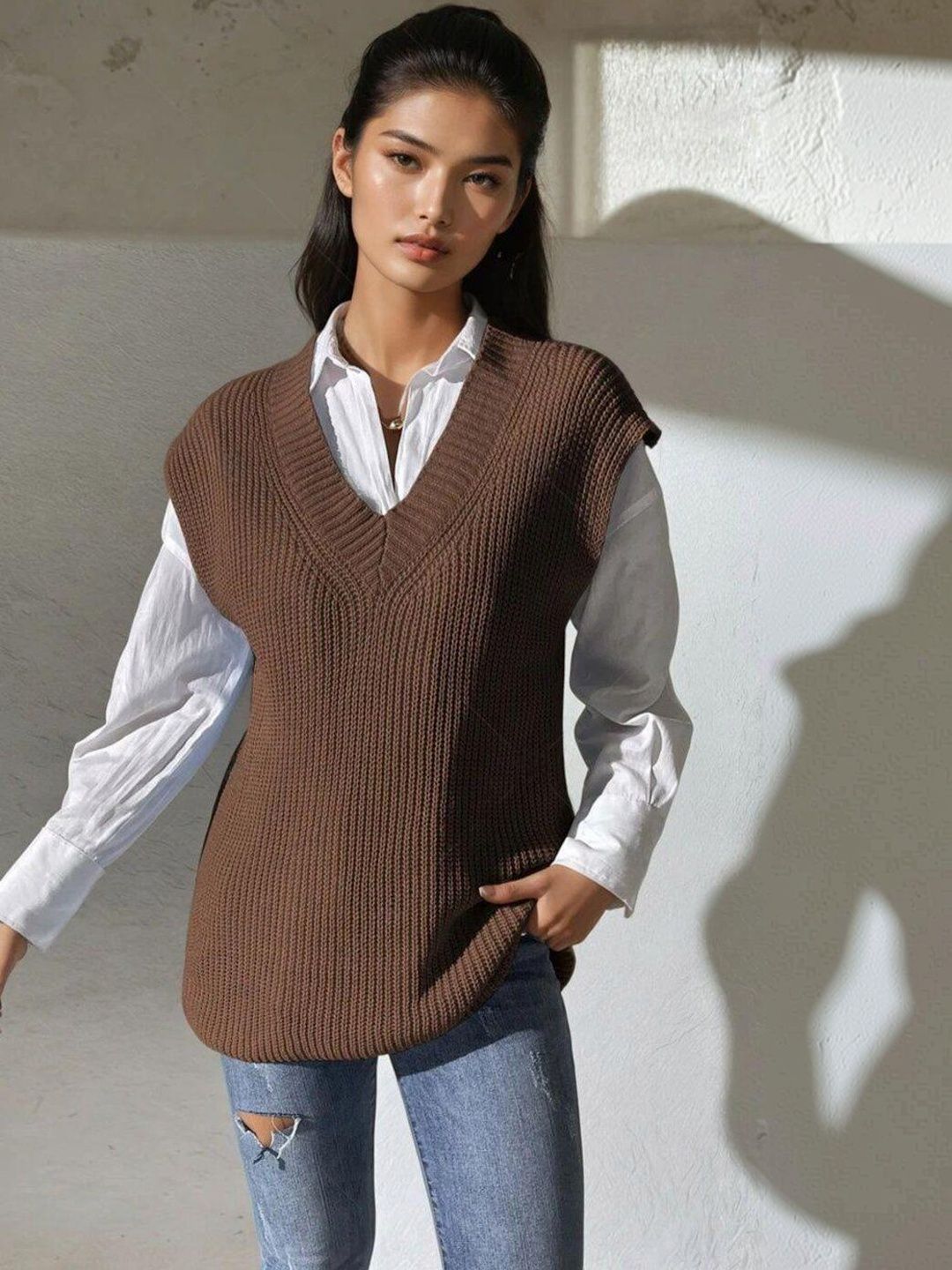 Ribbed Sweater Vest in Brown acrylic Sleeveless - Nowi Korean Fashion