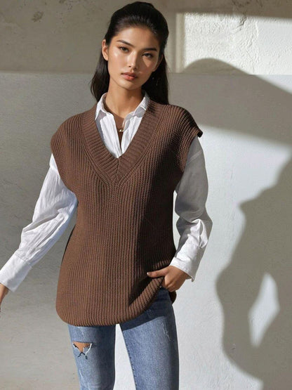 Ribbed Sweater Vest in Brown acrylic Sleeveless - Nowi Korean Fashion