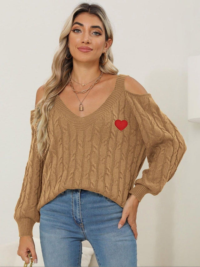 Cable Knit Pullover with Embroidered Detail in Brown acrylic Style 707 - Nowi Korean Fashion