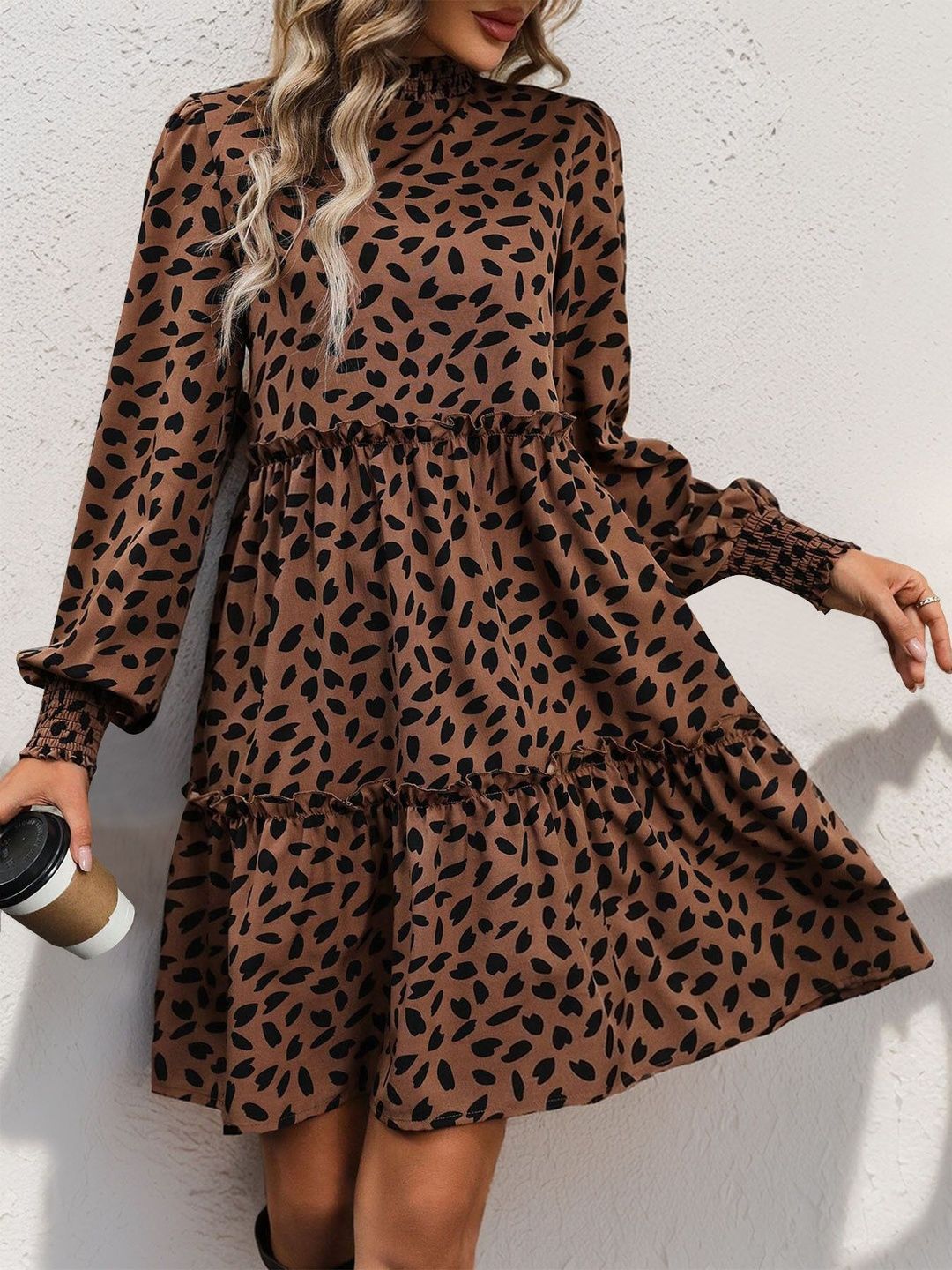 Women's Brown Animal Print Bishop Sleeve Fit & Flare Dress
