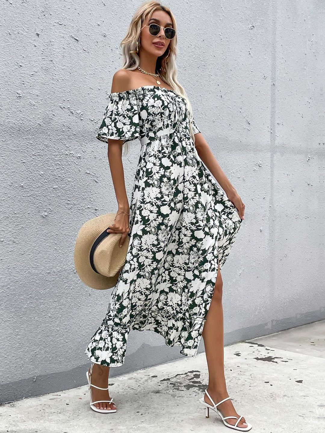 Floral Print Off-Shoulder Flared Sleeve A-Line Midi Dress