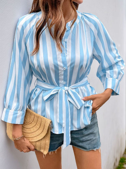 Striped Casual Shirt in Blue Cotton - Nowi Korean Fashion