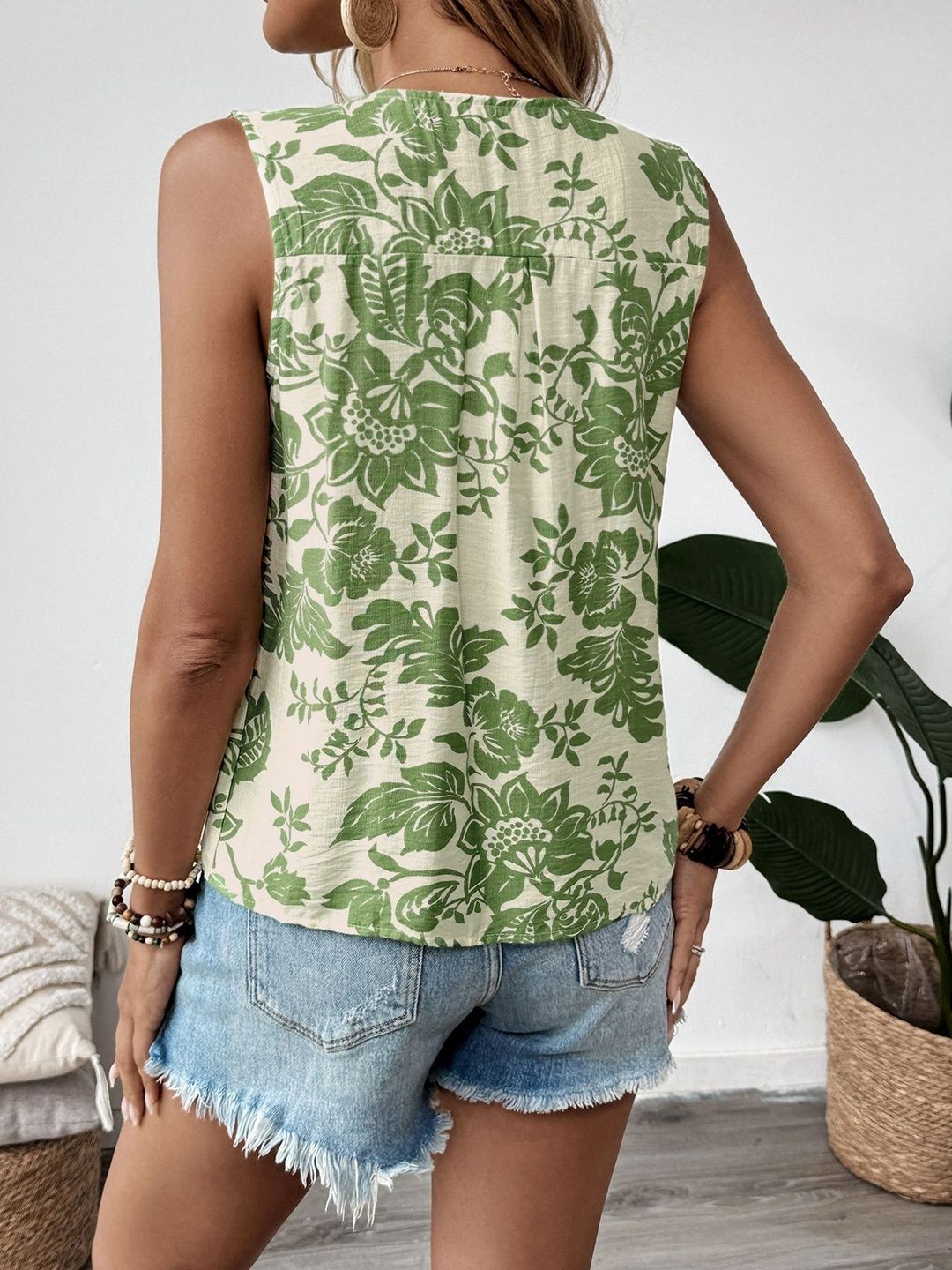 Floral Print Tie-Up Neck Cotton Top