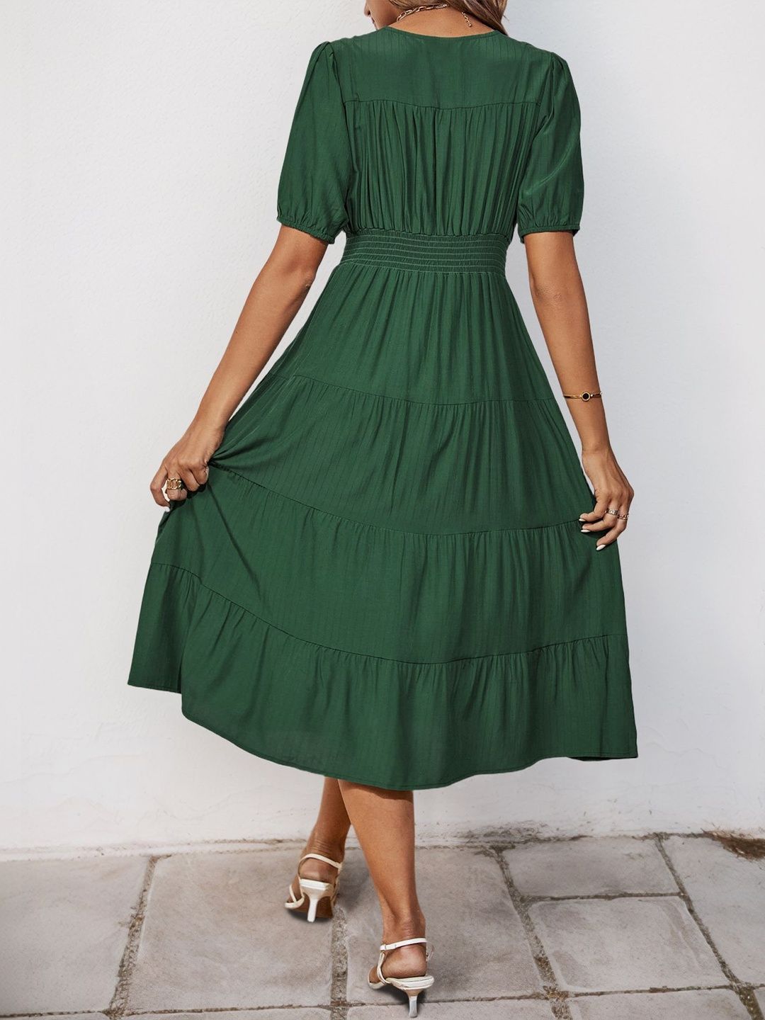 Puff Sleeve Fit & Flare Midi Dress