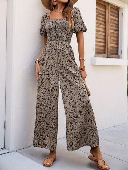 Printed Culotte Jumpsuit in Beige cotton - Nowi Korean Fashion