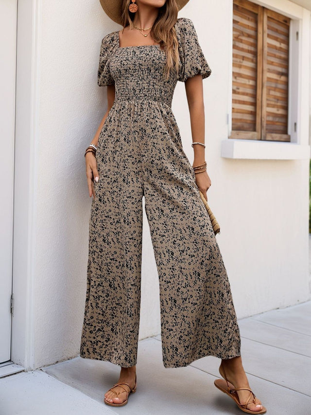 Printed Culotte Jumpsuit in Beige cotton - Nowi Korean Fashion