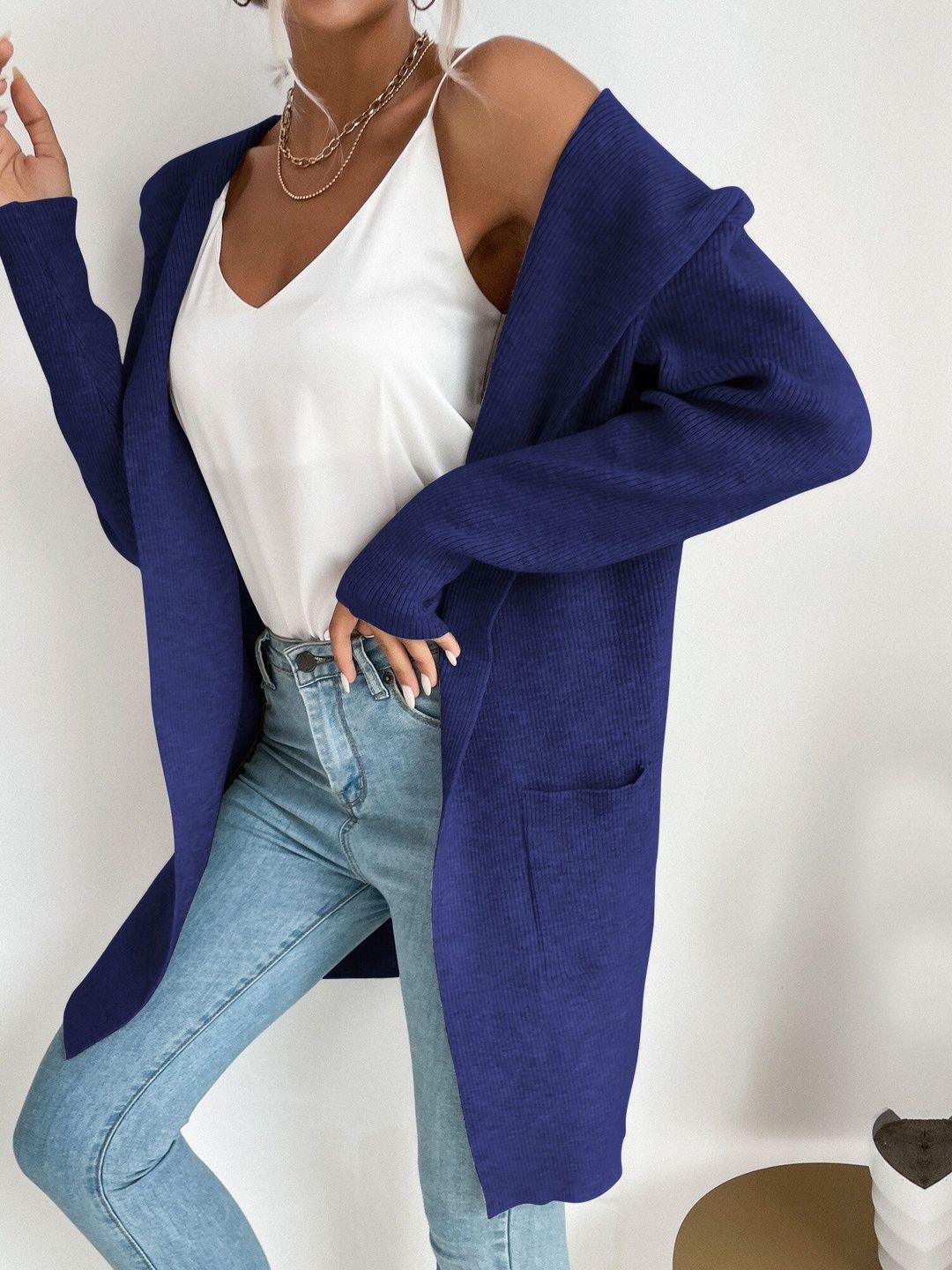 Women's Blue Nowi Women Ribbed Cardigan