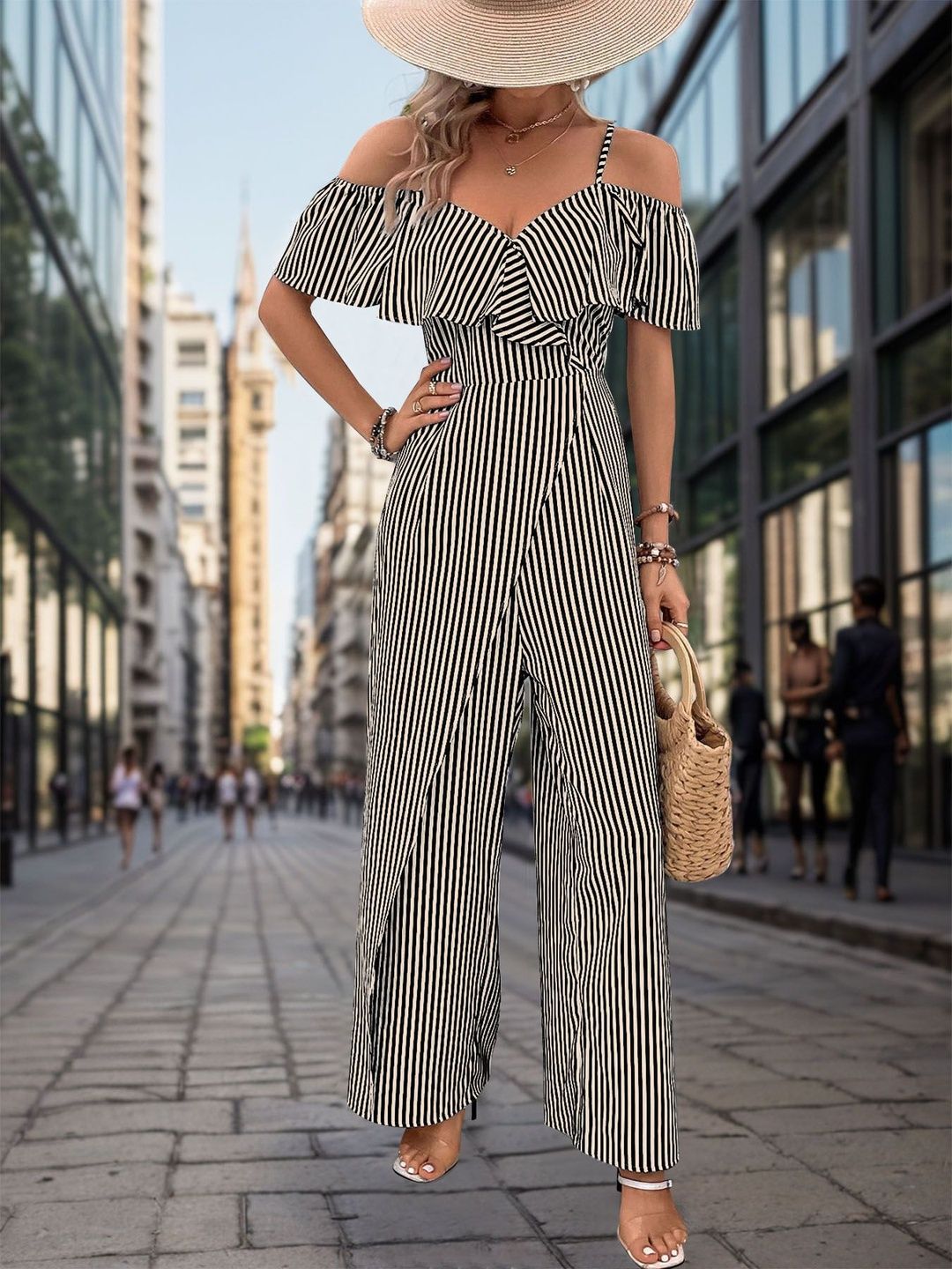 Off-Shoulder Striped Basic Jumpsuit with Ruffles