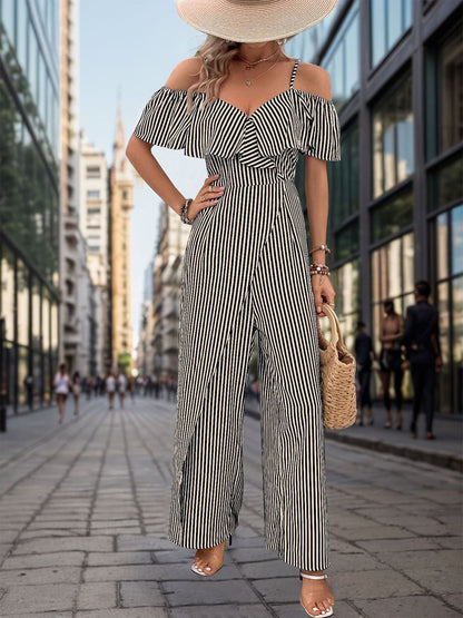Off-Shoulder Striped Basic Jumpsuit with Ruffles